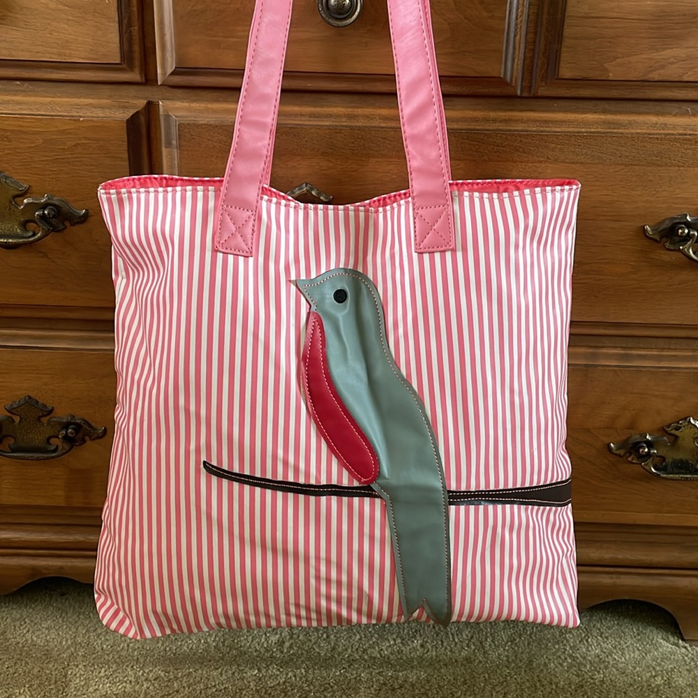 Striped Bird Tote Bag - Pink and Red